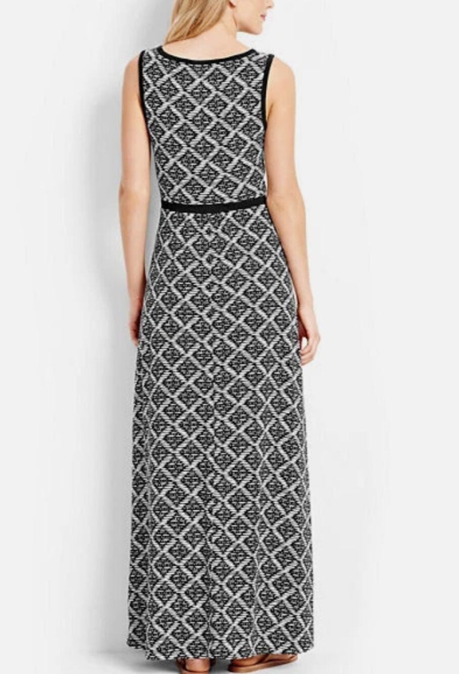 Lands' End Geometric Diamond Print Sleeveless Shirred Maxi Dress Black White M